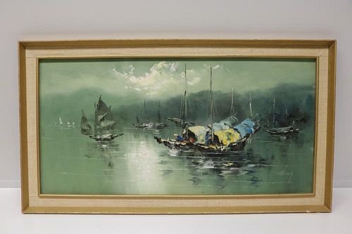 Oil on Canvas Painting Ships in Water, Signed