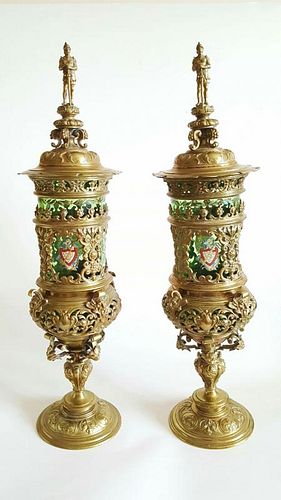 19C Pair of Gilt Bronze and Bohemian Glass Pokals