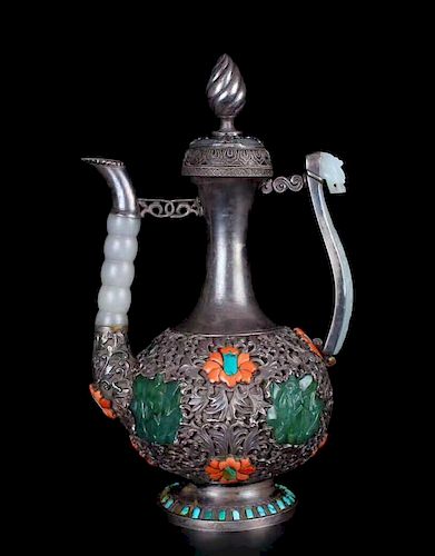 Qing Dy Chinese Sterling Silver Ewer Mounted Jade