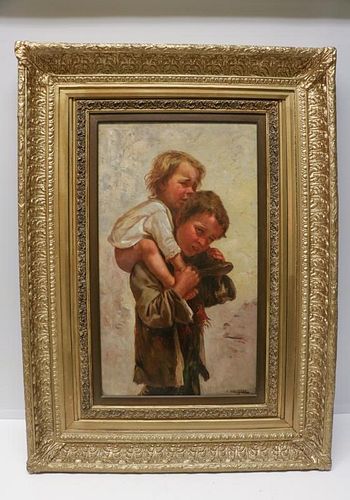 Oil on Canvas European Painting of Boy w/ Child