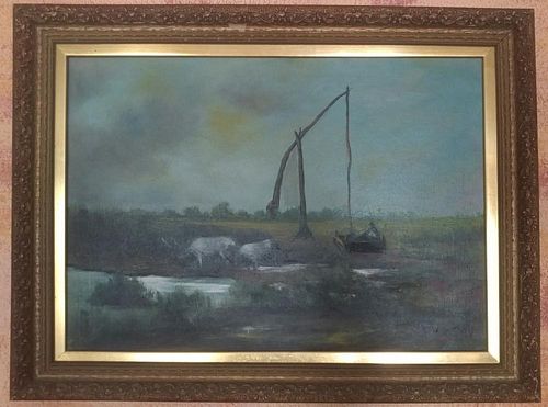 Oil on Canvas of the Deer by the Lake Signed