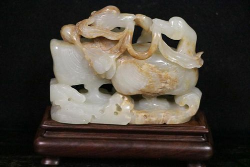Chinese White Jade Carving of Two Gooses w/ Russet
