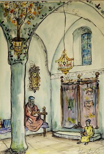 Zvi Livni Judaic Temple Interior WC Painting