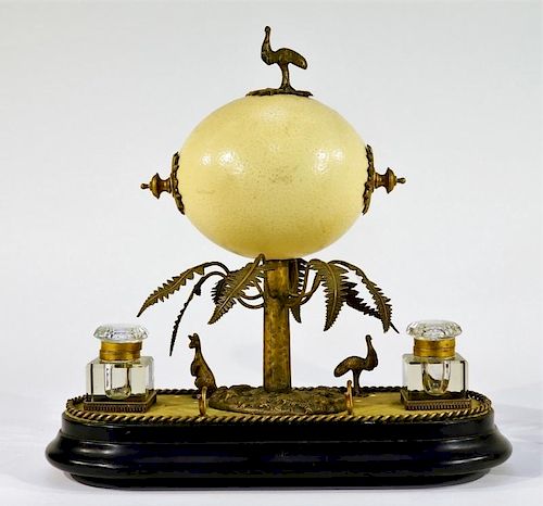 European Gilt Brass Mounted Ostrich Egg Inkwell