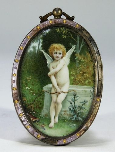FINE French Romantic Miniature Painting of Cupid