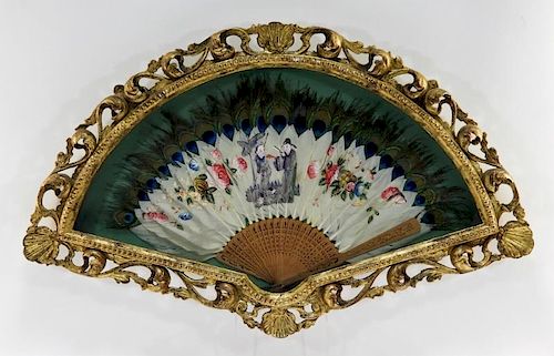 19C. Chinese Peacock Feather Painted Bamboo Fan