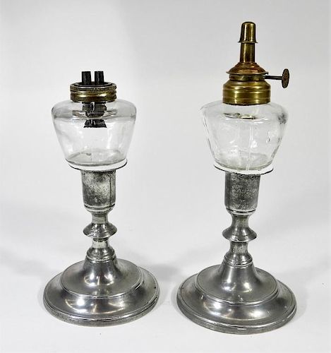 PR Miller Pewter & Pressed Glass Whale Oil Lamps