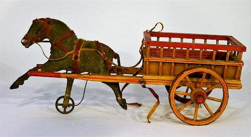 19C. German Papier Mache Horse & Carriage Pull Toy