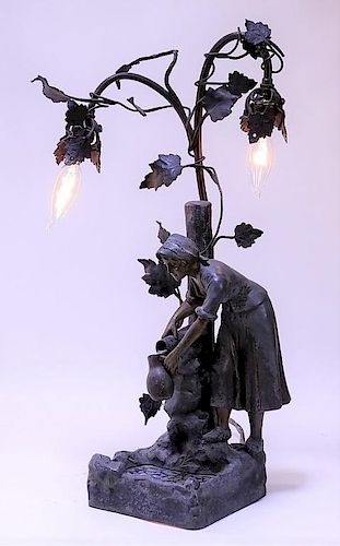 Sgd. German Art Nouveau Figural Spelter Lamp
