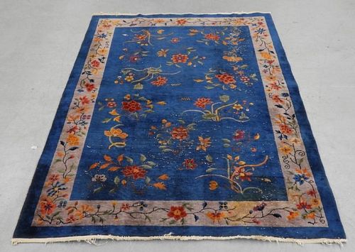 20C Chinese Art Deco Blue Ground Floral Carpet Rug