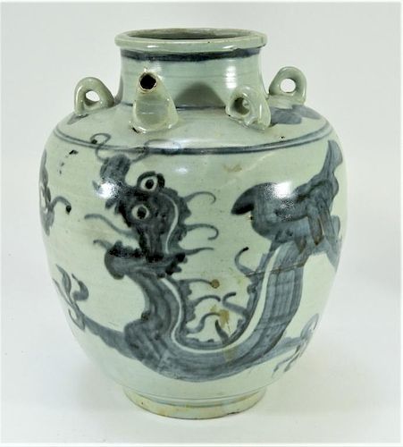 18C. Korean Blue & White Celadon Glaze Wine Jar
