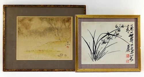 2 Chinese Watercolor Floral Landscape Paintings