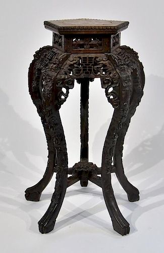 Chinese Carved Hardwood Rose Marble Top Stand