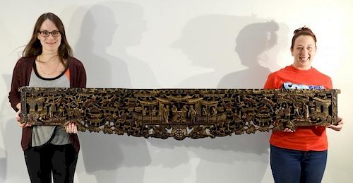 19C. Chinese Carved Wood Gilt Architectural Panel