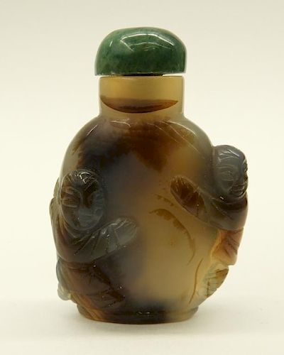 Chinese Relief Carved Shadow Agate Snuff Bottle