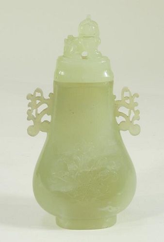 20C. Chinese Carved Green Stone Covered Hu Vase