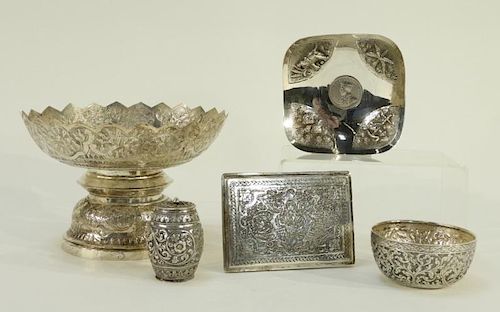 5 Indian Silver Alloy Embossed & Incised Articles