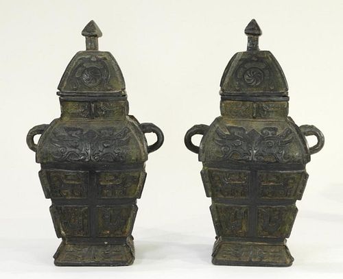 PR Chinese Bronze Archaistic Covered Urns