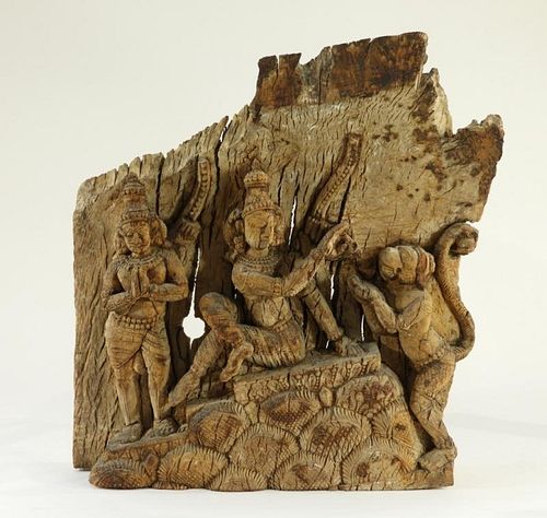 19C. Indian Carved Wood Stele Fragment of Rama