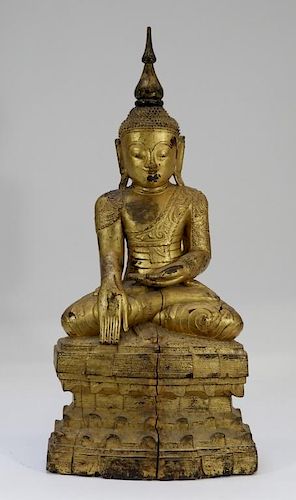 South East Asian Thai Carved Gilt Wood Buddha