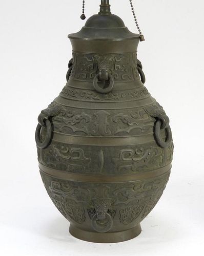 19C. Chinese Archaistic Style Bronze Vase Lamp