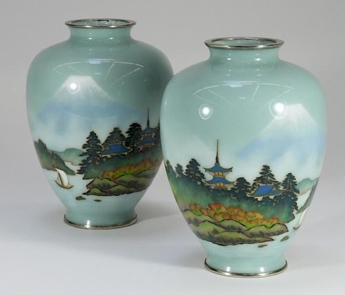 PR Japanese Silver Wire Cloisonne Scenic Vases