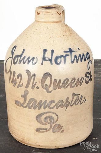 Lancaster, Pennsylvania stoneware script jug, 19th c., inscribed John Horting 142 N. Queen Street L