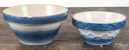 Three stoneware bowls, ca. 1900, to include a blue and white example, with a circle and chain decora