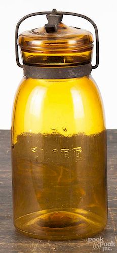Globe amber canning jar, patented May 23, 1886, 8 3/4'' h.