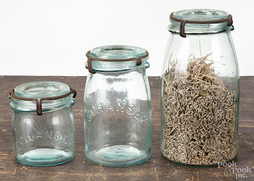 Three Cohansey fruit jars, including half pint, 7'' h., 5 1/2'' h., and 3 1/2'' h.