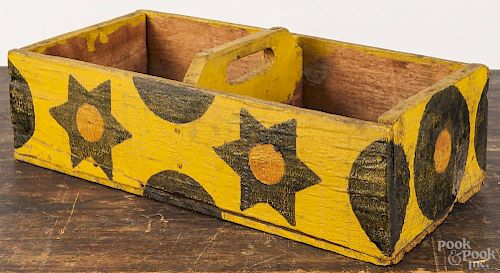 Painted pine carrier, 20th c., made from a shipping crate, with star and moon decoration on a yellow
