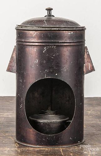 Early American japanned tin milk warmer , 19th c., 8'' h.