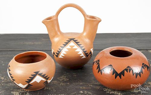 Three pieces Hoopa pottery by Jo. Peters ''Karok'', tallest - 7 1/4''.