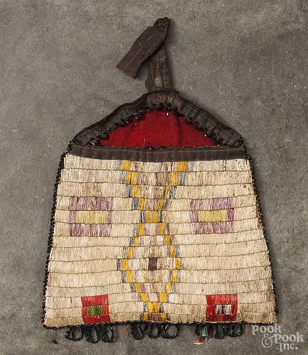 Native American Indian painted quill bag, ca. 1900, 9'' h., 9'' w.
