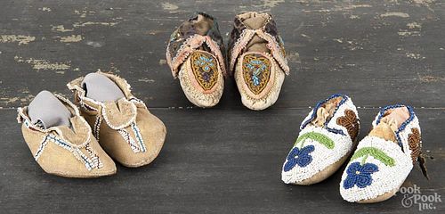 Three pair of Native American Indian beaded moccasins, early 20th c., to include Cree and Sioux exam