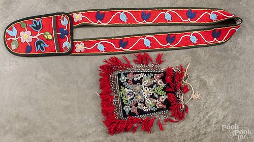 Native American Indian beaded pouch, 20th c., 11 1/2'' h., 10 1/2'' w., together with a Northwest Coas