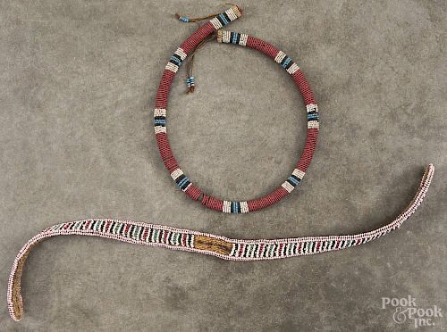 Nez Perce beaded necklace, 28'' l., together with a beaded belt, 27'' l.