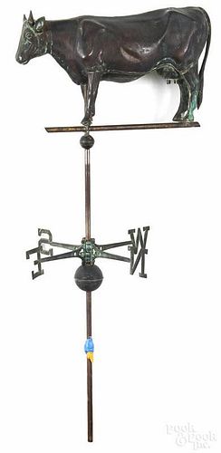 Full-body copper cow weathervane, 20th c., with a cast iron head, together with a directional, 26 1/
