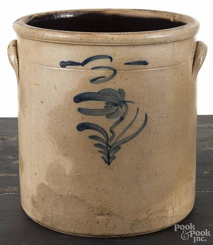 New York three-gallon stoneware crock, 19th c., with cobalt floral spray, 11'' h.