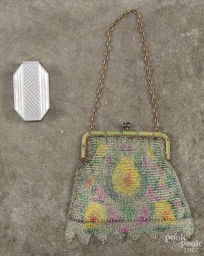 German painted wire mesh purse, early 20th c., together with a compact, 6'' l.