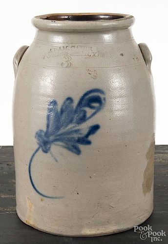 New York three-gallon stoneware crock, 19th c., impressed Adam Caire Po'Keepsie N. Y., with cobalt