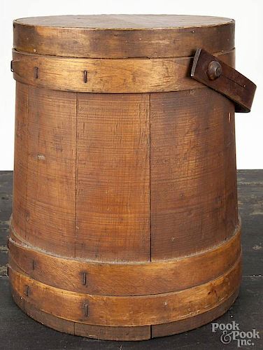 Pine firkin, ca. 1900, 12'' h., together with a bentwood pantry box with a carry handle, 6 3/4'' h., 1