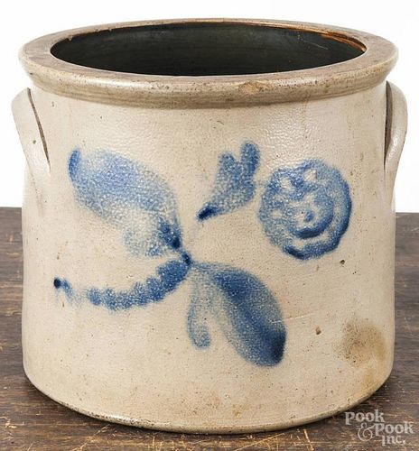 Stoneware crock, 19th c., with cobalt flower decoration, 7 1/2'' h.