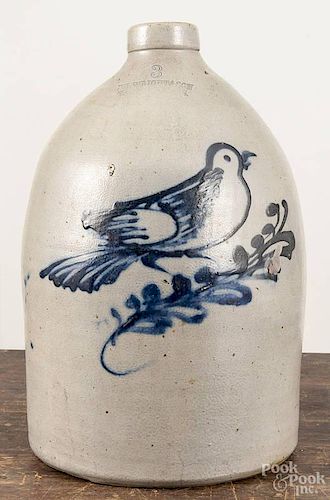 Massachusetts three-gallon stoneware jug, impressed F. T. Wright & Son, Taunton, Mass., with cobal