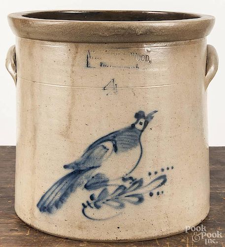Rhode Island four-gallon stoneware crock, 19th c., impressed Warren & Wood Providence R.I, with co