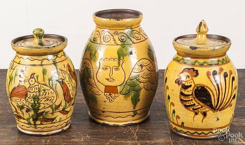 Three Greg Shooner redware jars, signed and dated 1999, tallest - 9''.