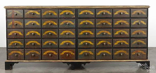 Pennsylvania painted poplar apothecary cabinet, 19th c., 33 1/4'' h., 73 1/2'' w.