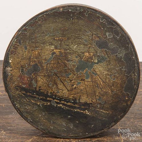 Painted bentwood pantry box, 19th c., having an American sail ship on a green background, 2 3/4'' h.,