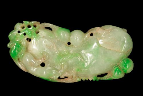 Jadeite Pendant Carved as Gourds & a Fox -19th C.