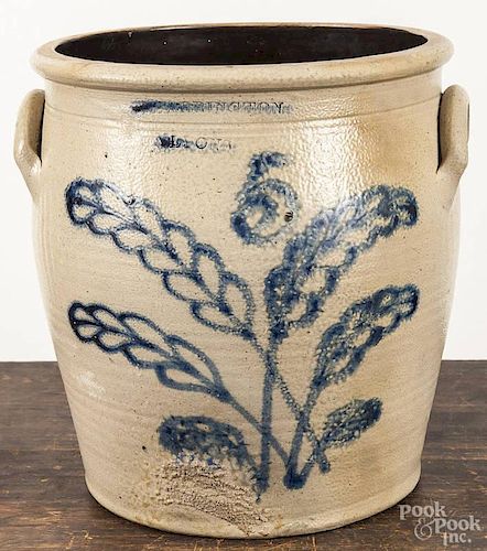 New York five-gallon stoneware crock, 19th c., impressed T. Harrington Lyons, with cobalt wheat de